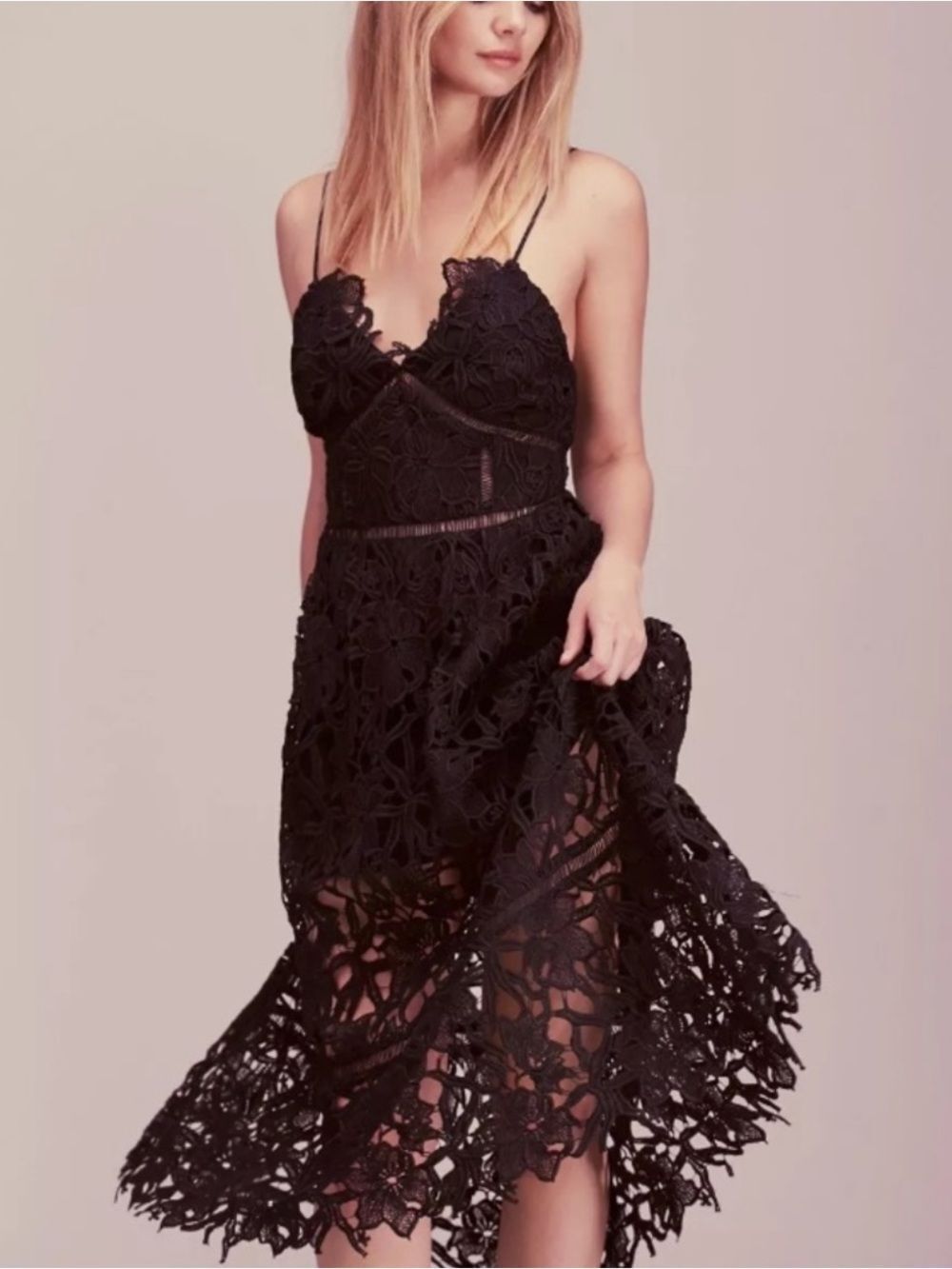 free people 4 Black Floral Cut Out Crochet Lace South of the Equator Midi Dress